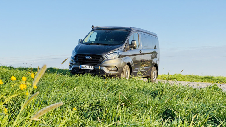 A Ford camper van parked along green grass.