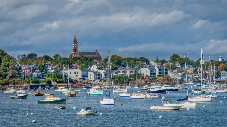 Boats in Marblehead Harbor with Abbott Hall in the background