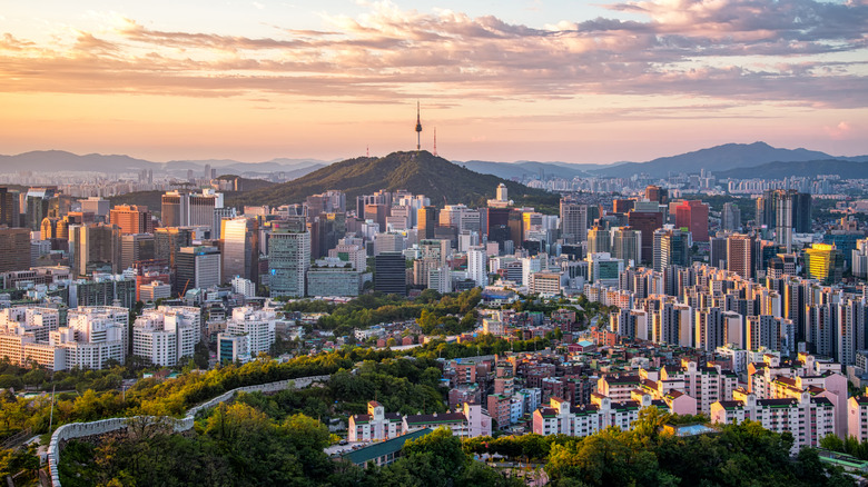 The skyline of Seoul in South Korea at twilight.