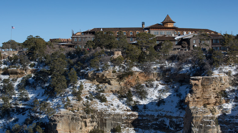 the El Tovar Hotel, on the rim of the Grand Canyon, seen from the canyon side during winter