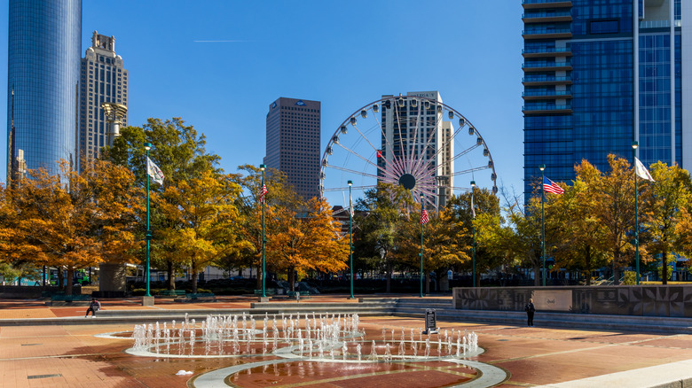 Fountains and big wheel in Centennial Olympic Park in Downtown Atlanta.