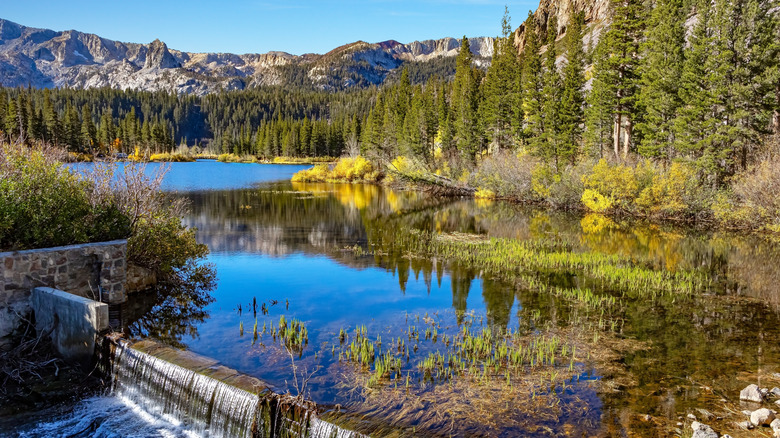 Clear lake with mountain backdrop in Colorado