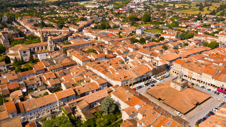 aerial view of Medieval village with red roofs