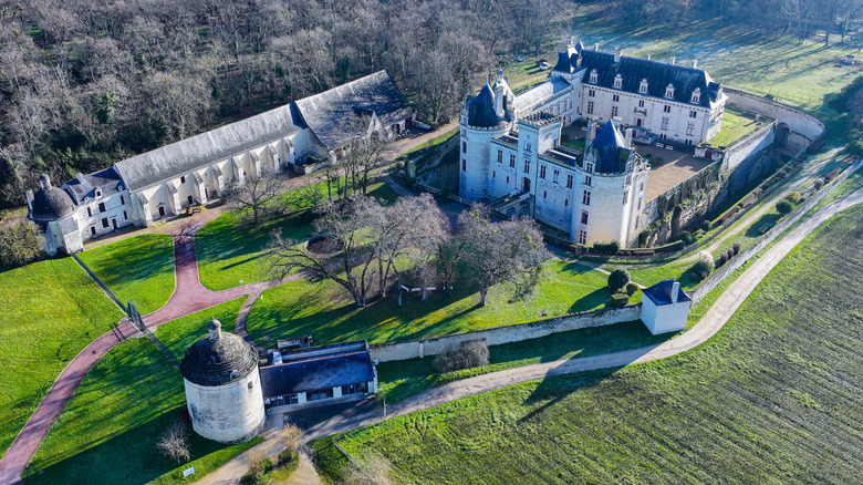 An aerial view of Château de Brézé, an 11th-century castle in Bellevigne-les-Châteaux in the Pays de la Loire ﻿﻿region in Western France