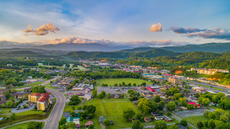 Ariel view of Pigeon Forge with views of Great Smoky Mountains