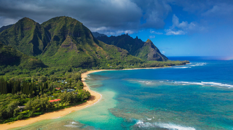 Aerial view by drone of Tunnels Beach, Haena state park