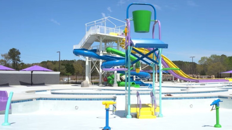 A huge splash bucket and water slides at the nearly completed Henry County Aquatic Center near Atlanta, Georgia.