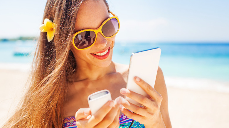 Woman with portable power bank