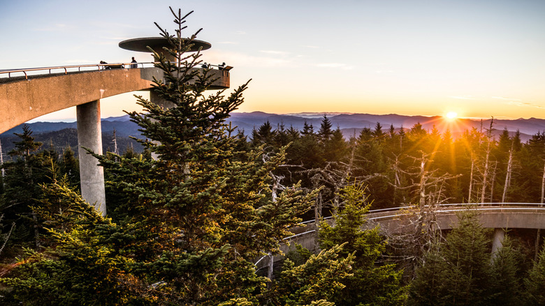 Kuwohi observation tower at sunset in Great Smoky Mountains National Park