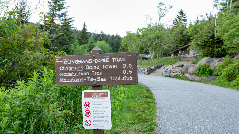 Trail marker for Clingmans Dome Trail, aka Kuwohi Trail, near paved road in Great Smoky Mountains National Park