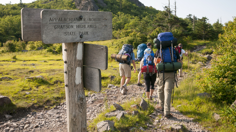 group of hikers with packs on Appalachian trailhead