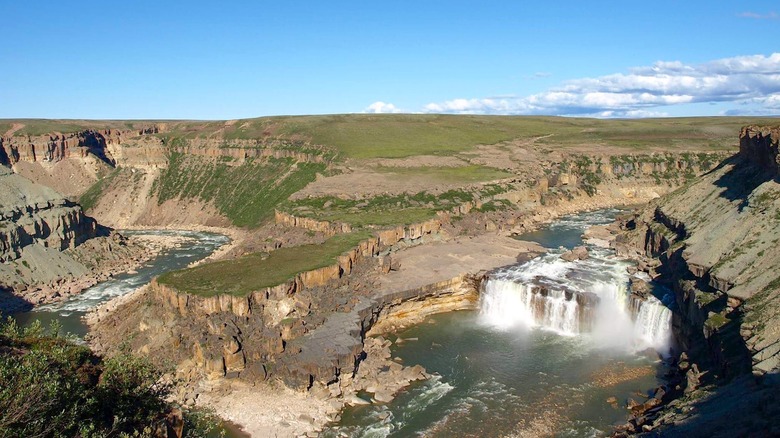 An aerial view of the Hornaday River canyon and the dramatic La Roncière Falls.