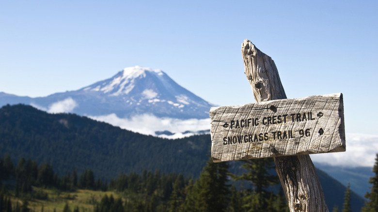 Sign for the Pacific Crest Trail and a snowcapped mountain