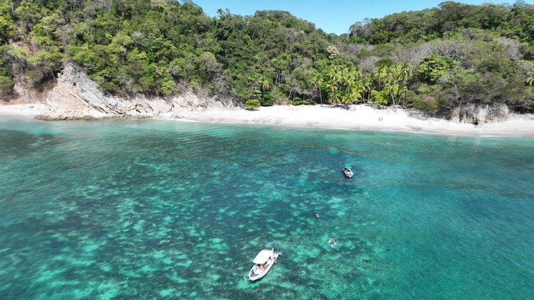 An aerial view of turquoise water and jungle along Playa Quesera in the Curú Wildlife Refuge
