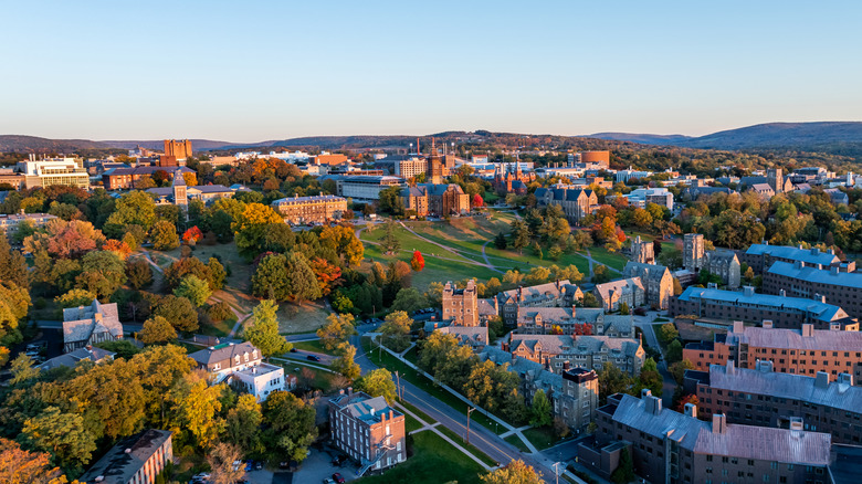 An aerial view of Ithaca, New York, in autumn.
