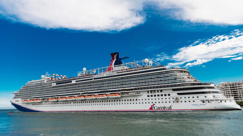A Carnival Horizon cruise ship on the water outside Miami harbor.