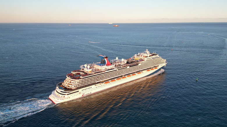 Aerial view of a Carnival Horizon cruise ship out at sea.