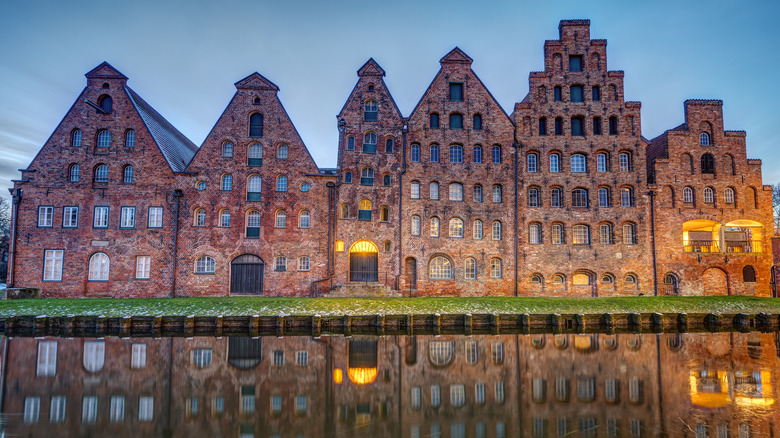Jagged salt storehouses watery reflections Salzspeicher