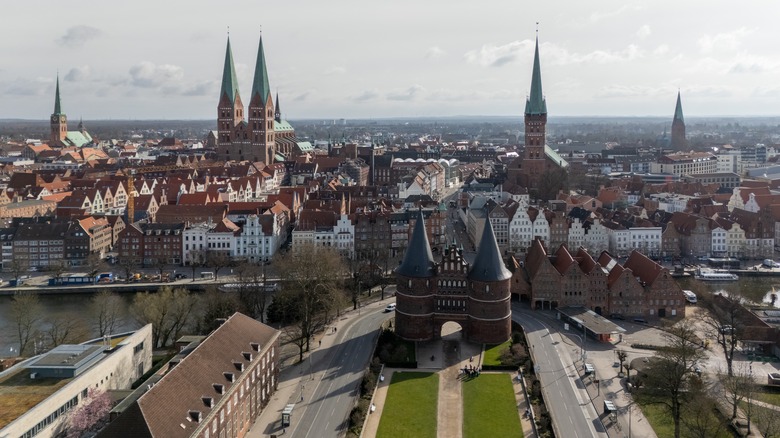 Aerial view church spires Lubeck skyline
