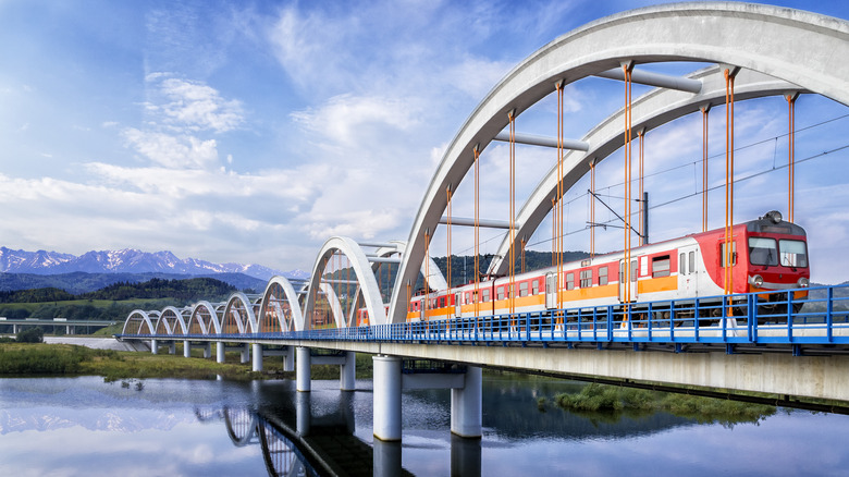train on bridge with mountains
