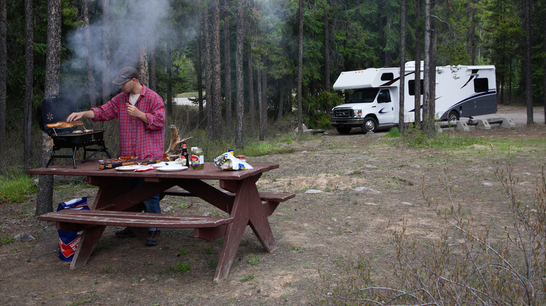 Row of parked RV campers 