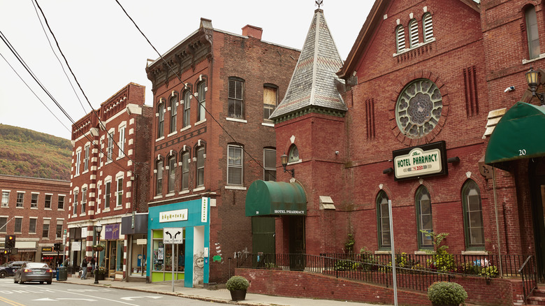 Commercial stores and restaurants in the New England town of Brattleboro, Vermont.