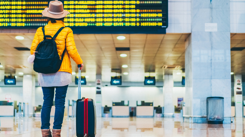 A traveler with a suitcase reads the airport boards.