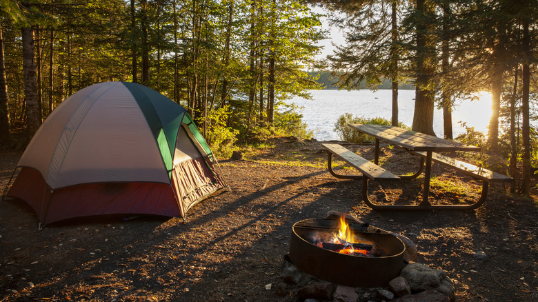 tent at campsite in woods with picnic table and campfire