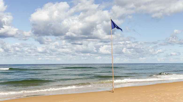 blue flag on pole at French beach with ocean view