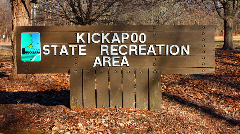 Brown Kickapoo State Recreation Area sign during autumn near Danville, Illinois