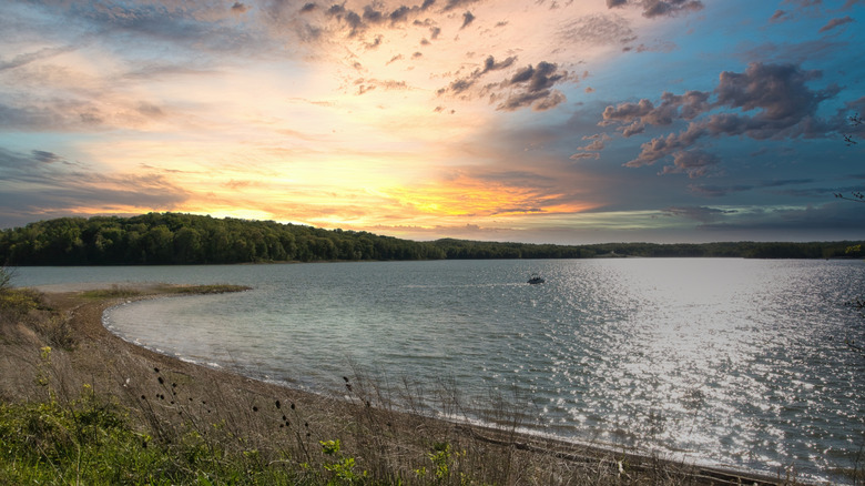 The sun sets over Patoka Lake