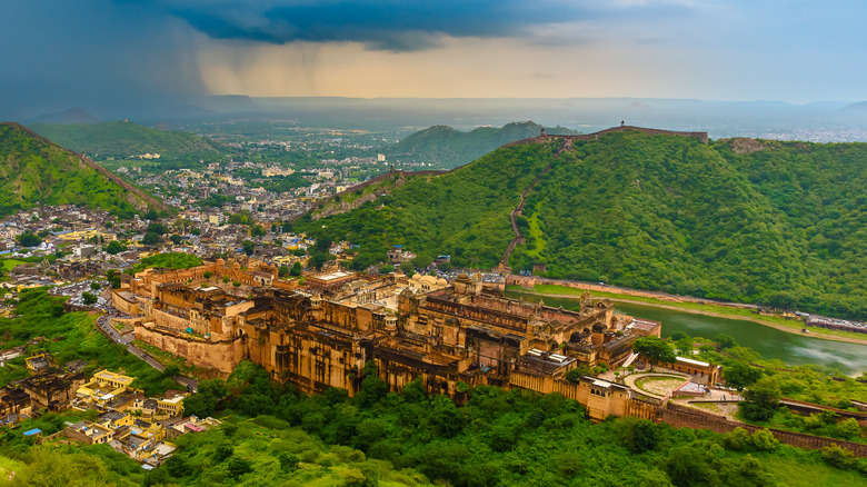 Aerial view of Amber Fort in Jaipur's Aravalli mountains