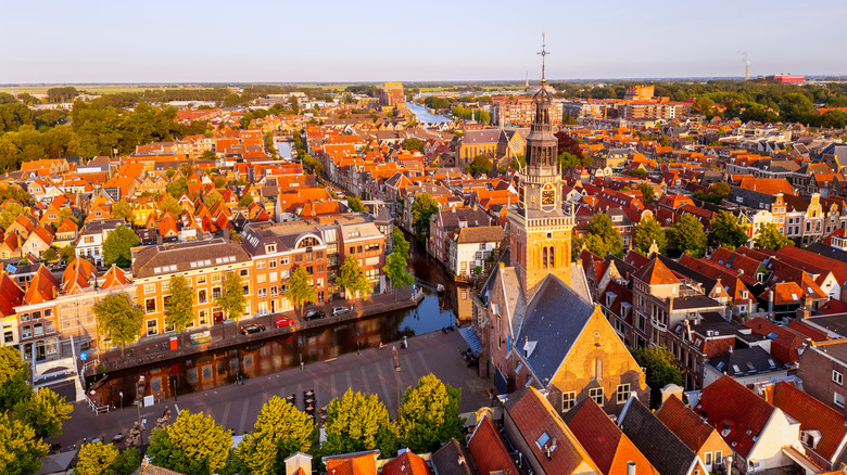 Bird's-eye view of Alkmaar's church and red-roofed buildings, North Holland