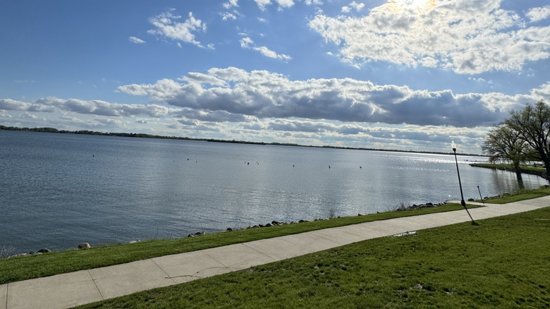 A walkway along the edge of the water in Storm Lake, Iowa