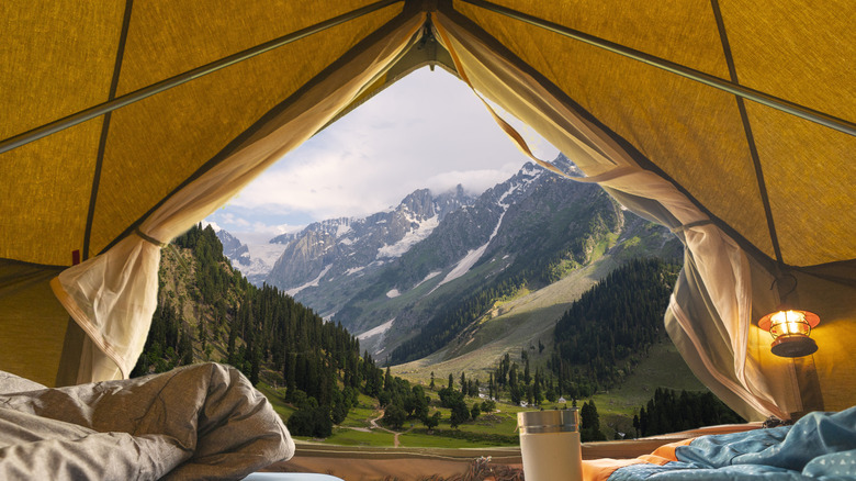 view of mountain scene from inside tent