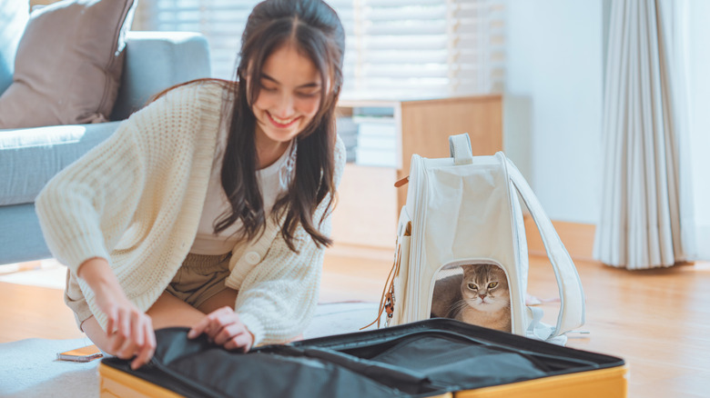 A woman packs a suitcase while a cat in a backpack watches.