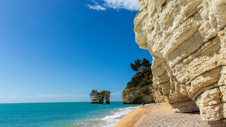 The beach, limestone cliffs, and sea stack at Baia delle Zagare in the Foggia province of Puglia, Italy
