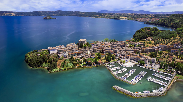 Aerial view of the town of Capodimonte on the shores of Lake Bolsena