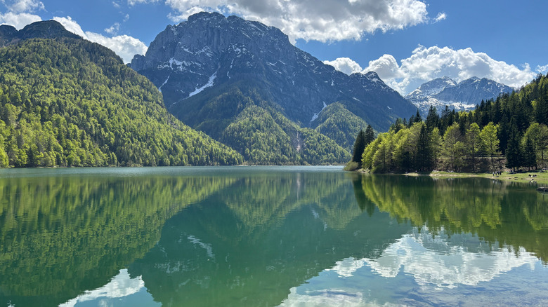 Lago del Predil, a glacial lake outside of Cave del Predil in the Julian Alps of Friuli-Venezia Giulia, Italy