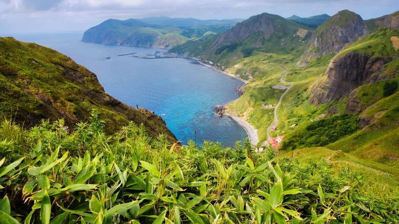 view from high on Rebun Island showing bay and mountains