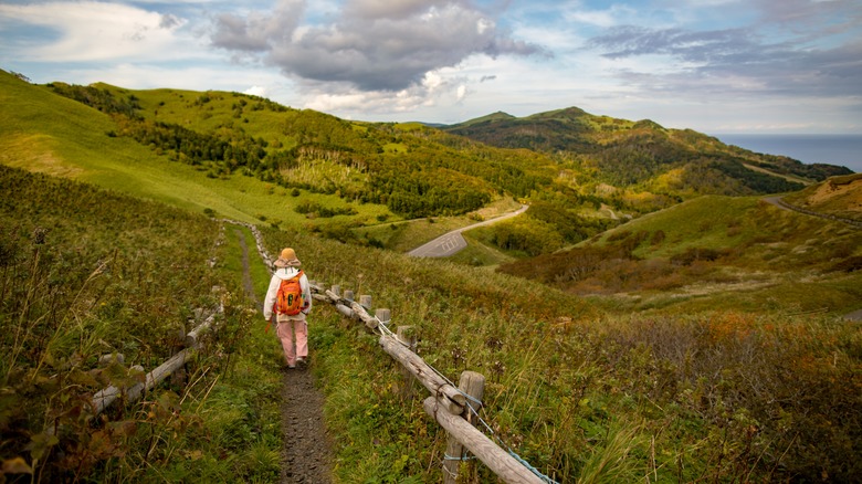 person hiking with backpack on Rebun Island trail