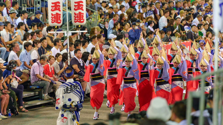 Awa Odori dancers performing crowd Tokushima