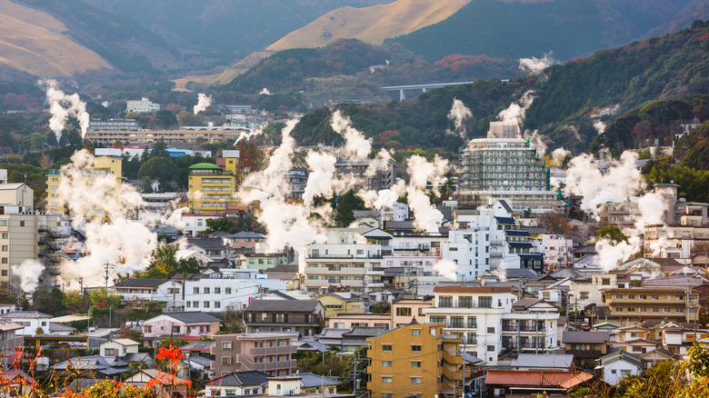 city of Beppu with steam rising from various places
