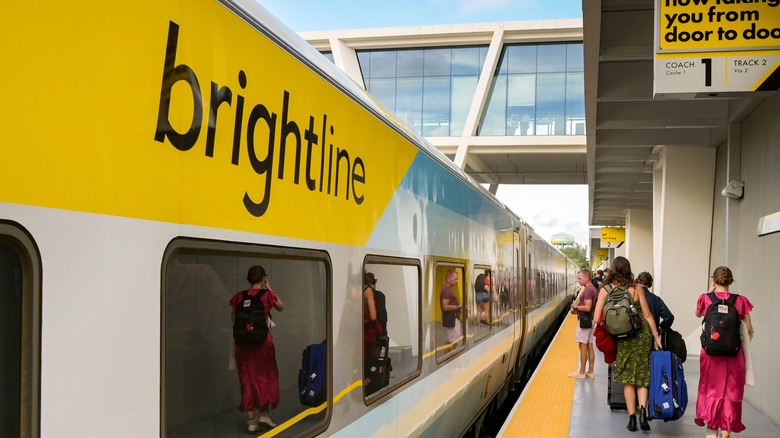 A Brightline train pulling into a station in Florida.