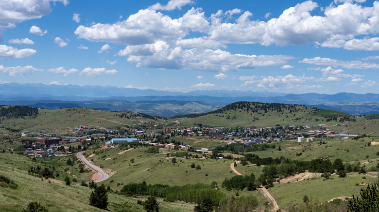 Scenic view looking down over Cripple Creek and Colorado mountains