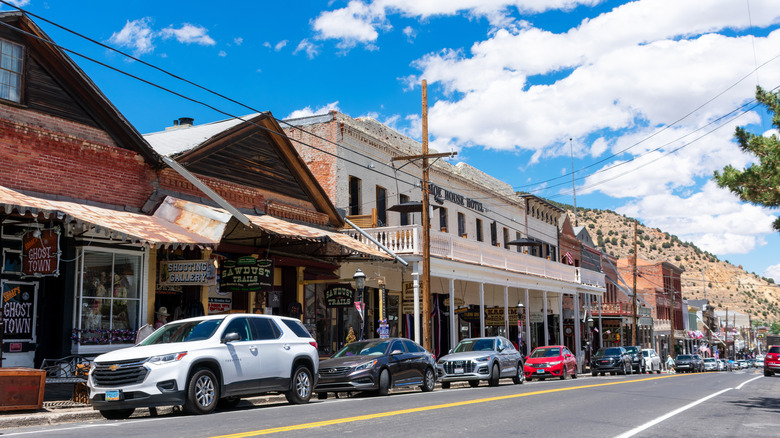 beautiful view of cars parked along the street at victorian building, Nevada