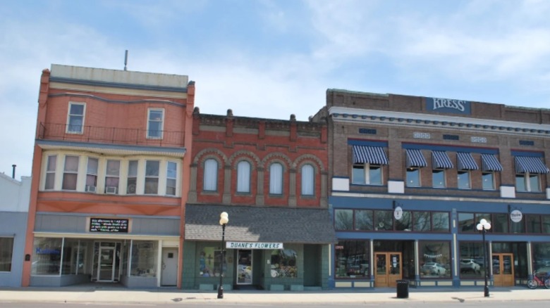 A row of historic buildings in Iola, Kansas.
