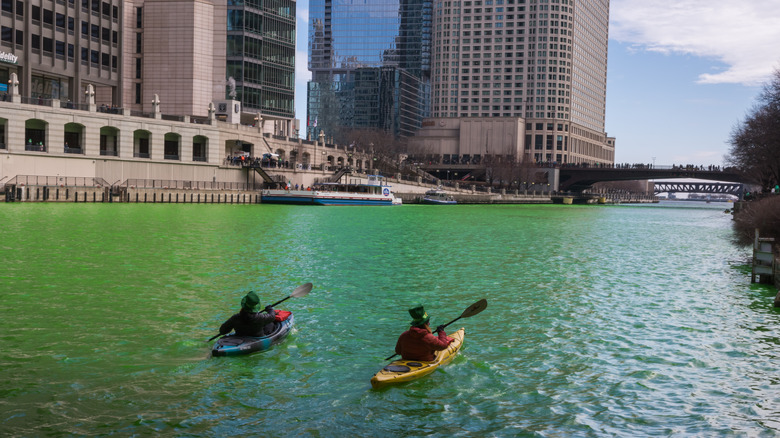 Kayakers in Chicago River, St. Patrick's Day