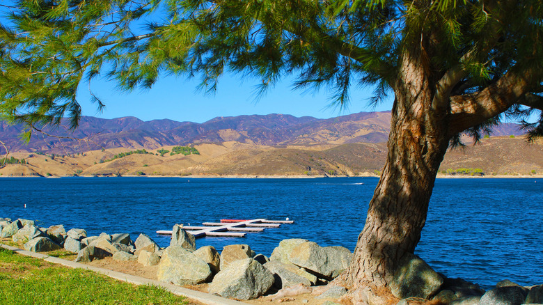 A dock in the water of Castaic Lake.