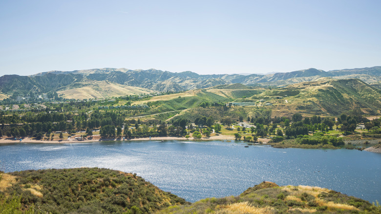 An aerial view of Castaic Lake showing the numerous beaches.